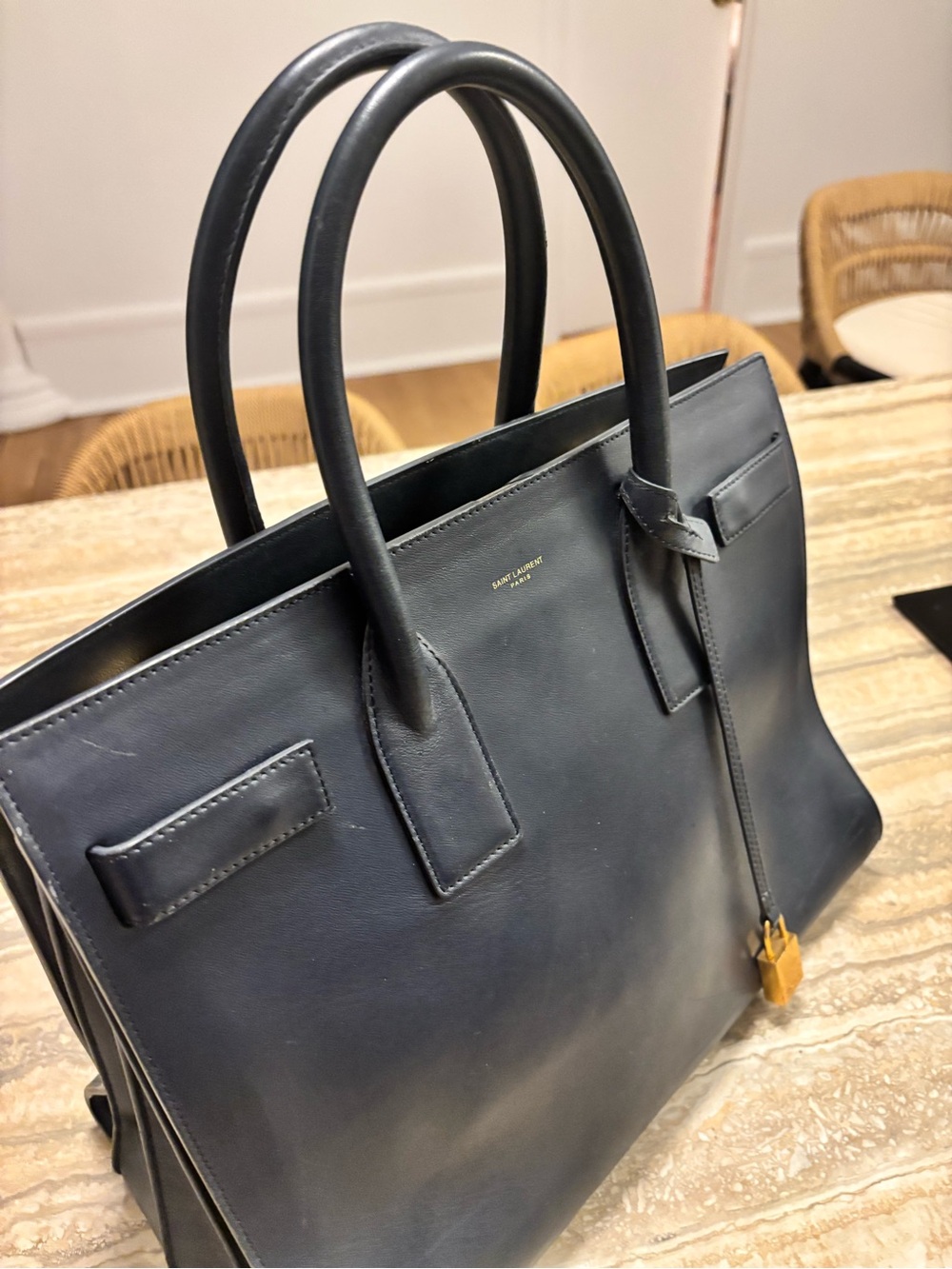 Saint Laurent Black Leather Satchel with Gold Padlock - Picture 2 of 4